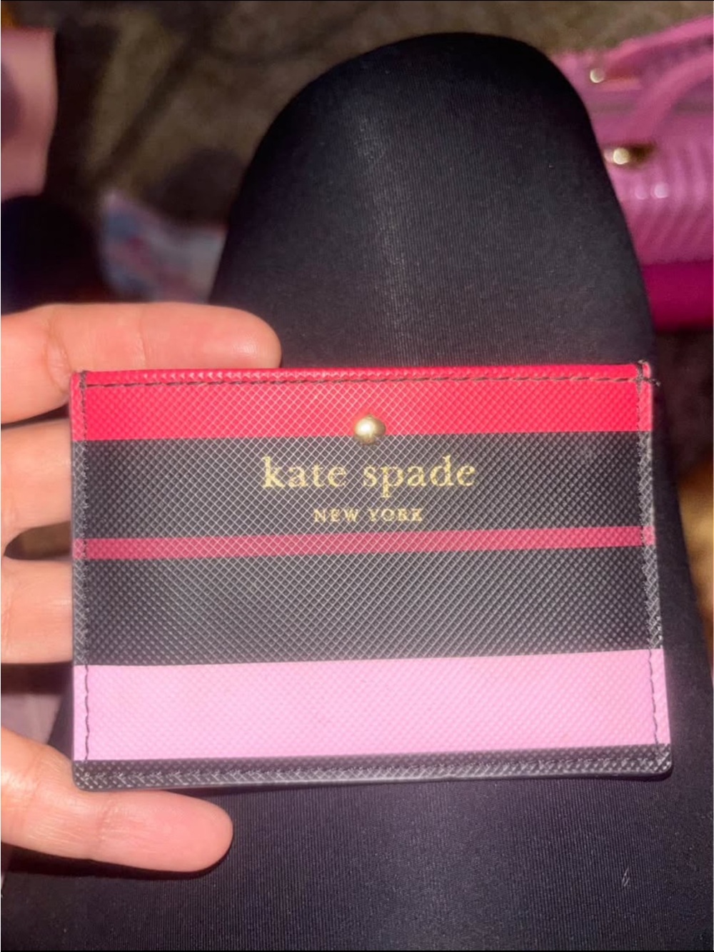 kate spade Striped Card Holder in Hot Pink, Light Pink & Black